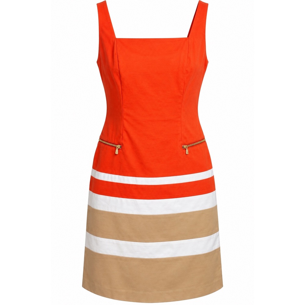 Lauren Ralph Lauren Dress 8 Orange Colorblock Sheath Mod Preppy Gold Zip Pockets